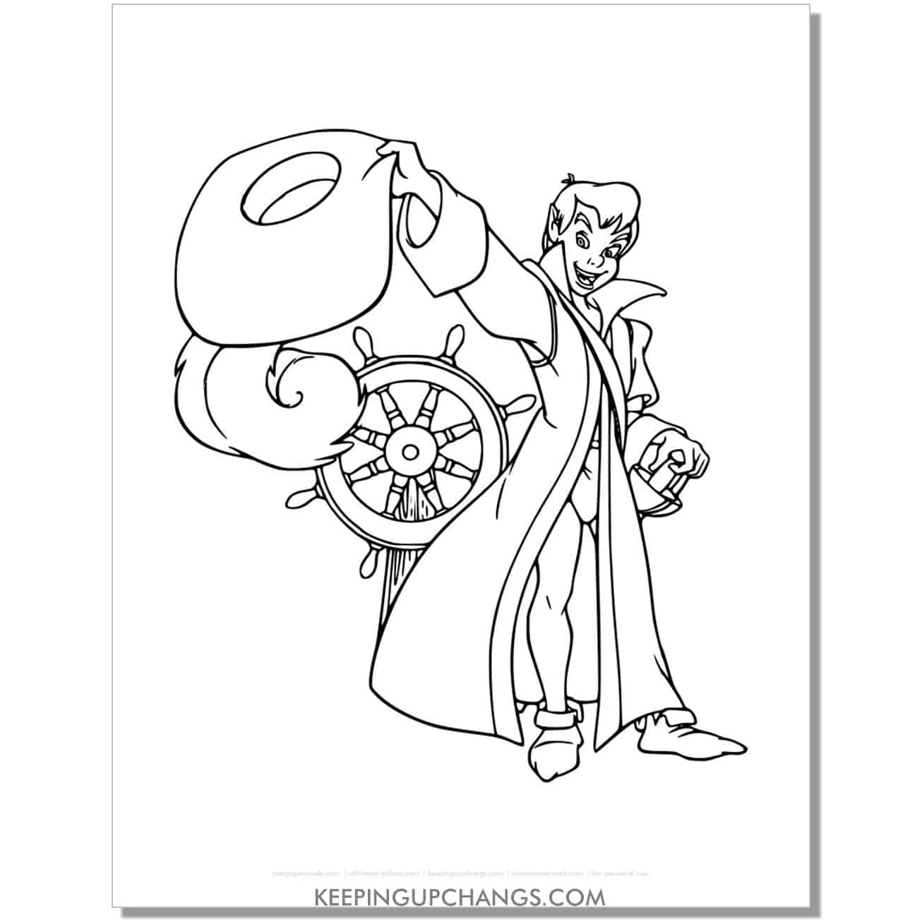 peter pan wear's captain hook's coat and hat coloring page, sheet.