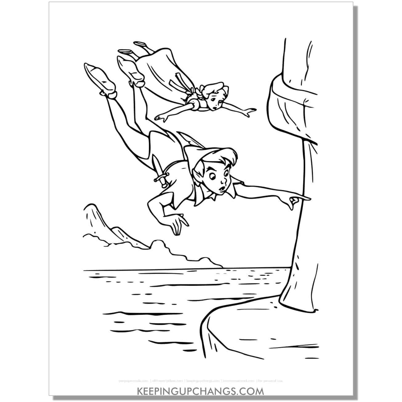 wendy darling and peter pan fly to cave coloring page, sheet.