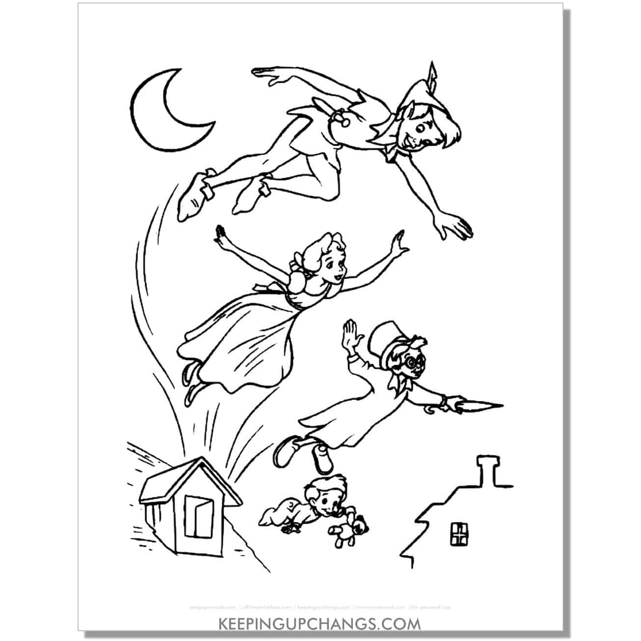 peter pan flies out of bedroom window with wendy, michael, john darling coloring page, sheet.