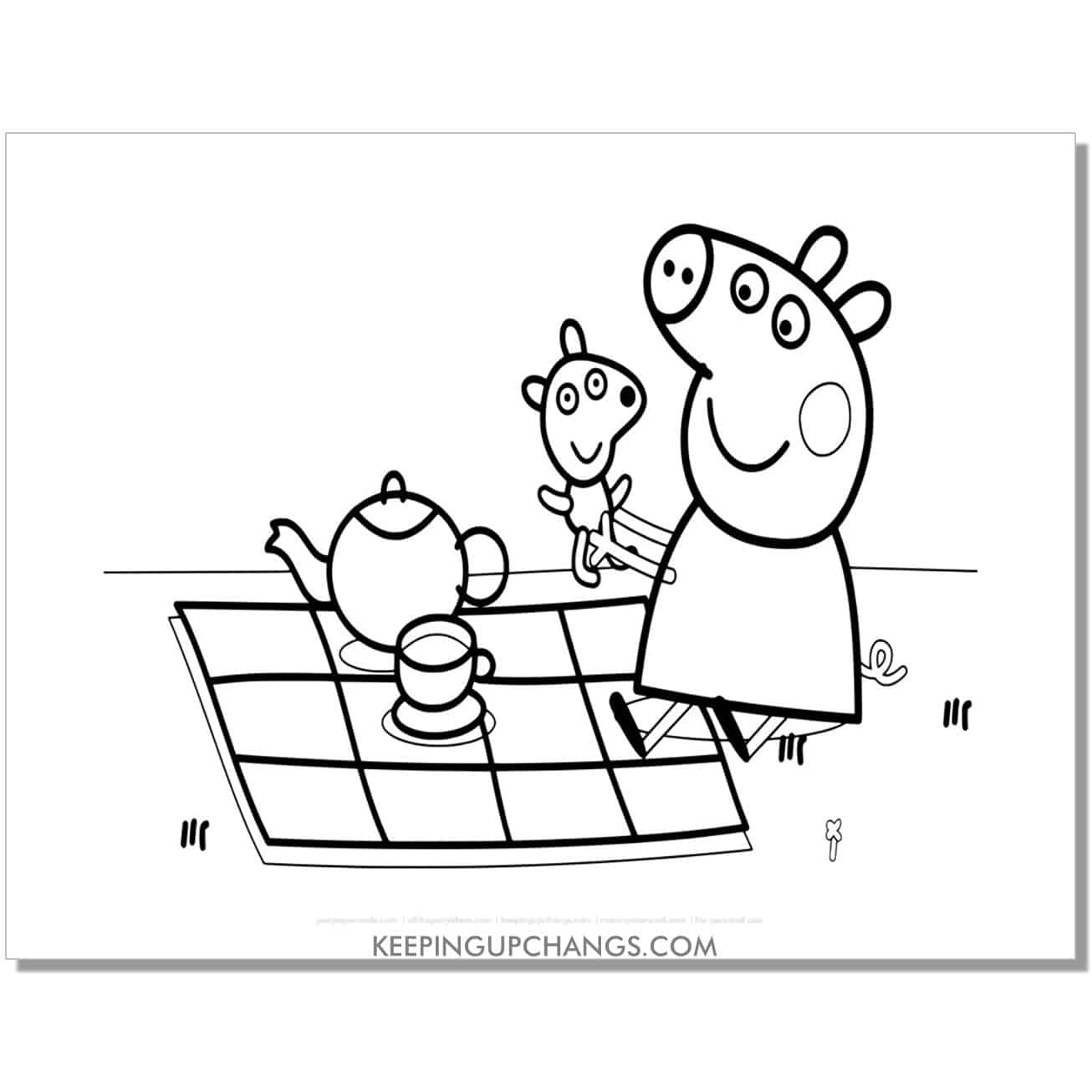 free summer picnic tea party peppa pig coloring page, sheet.