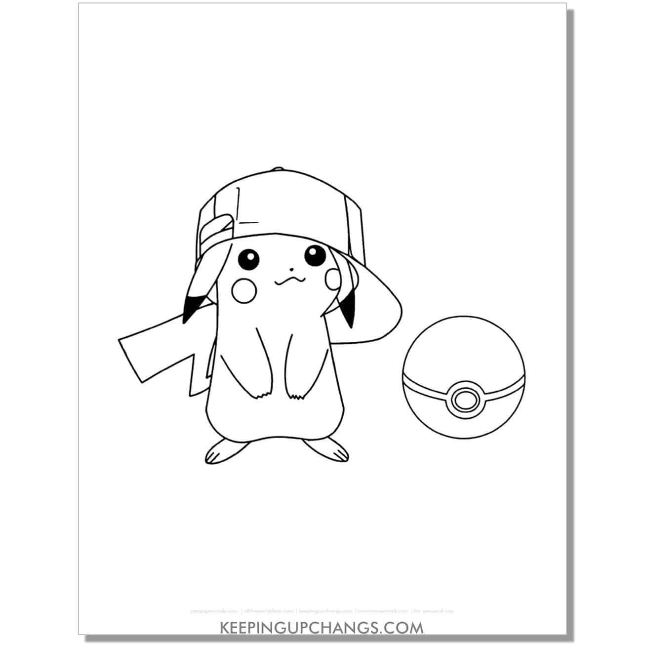 pikachu wearing ash's hat with pokeball pokemon coloring page, sheet.