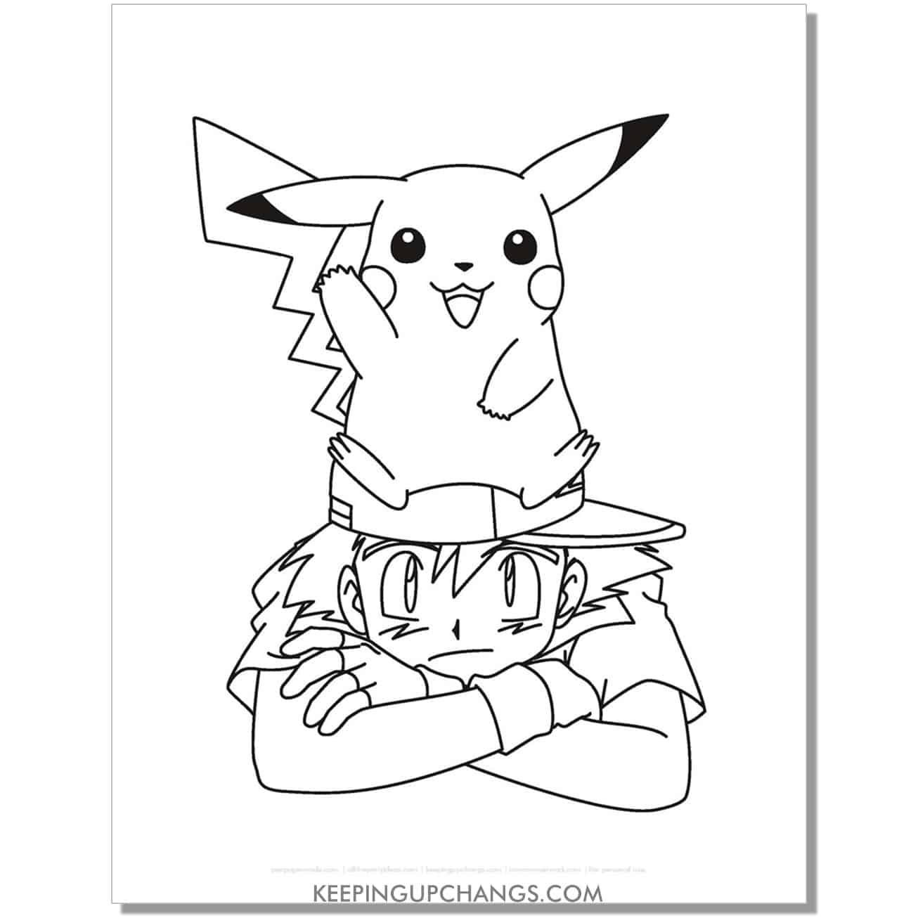 pikachu sitting on ash's head pokemon coloring page, sheet.