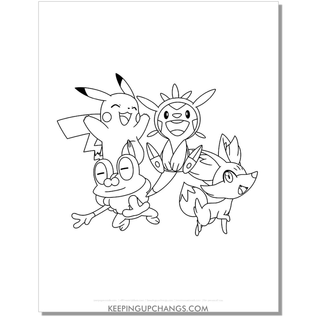 pikachu, chespin, froakie, fennekin pokemon coloring page, sheet.