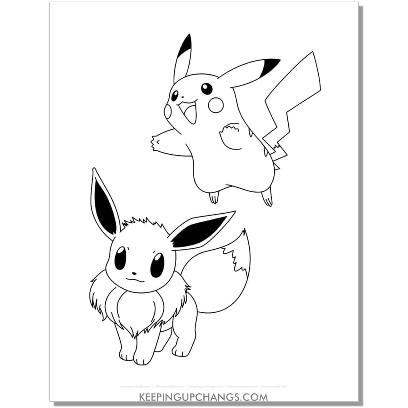 pikachu, eevee pokemon coloring page, sheet.