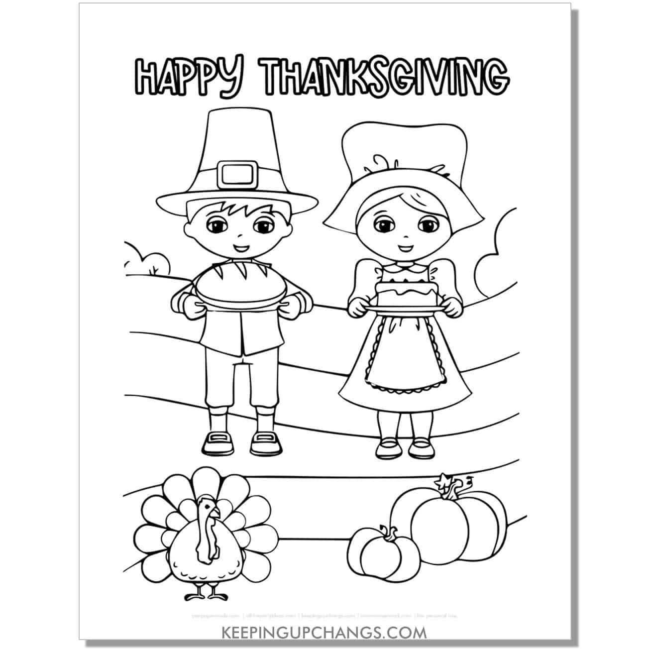free pilgrim boy girl happy thanksgiving coloring page for fall, thanksgiving.