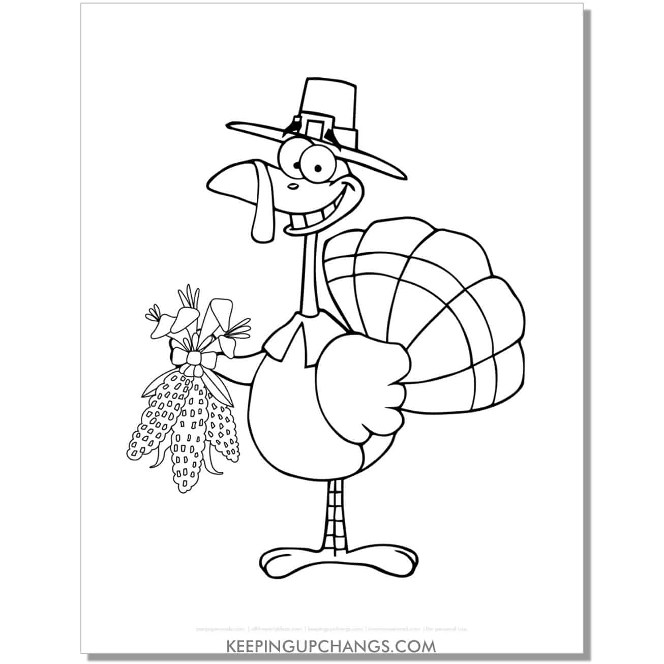 free pilgrim turkey holding corn coloring page for fall, thanksgiving.
