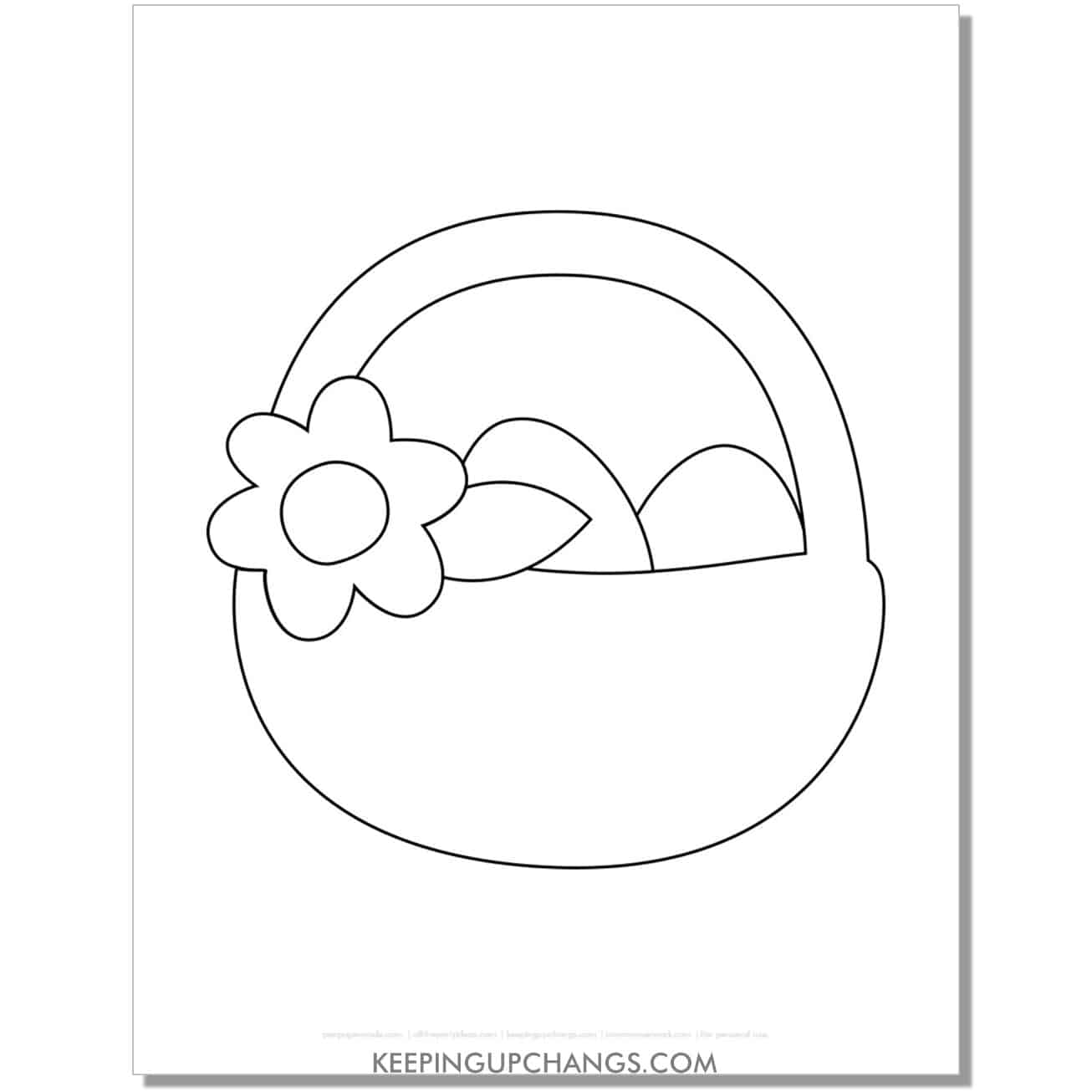 Easter basket with flower and egg outline for preschool, kindergarten coloring page, sheet.