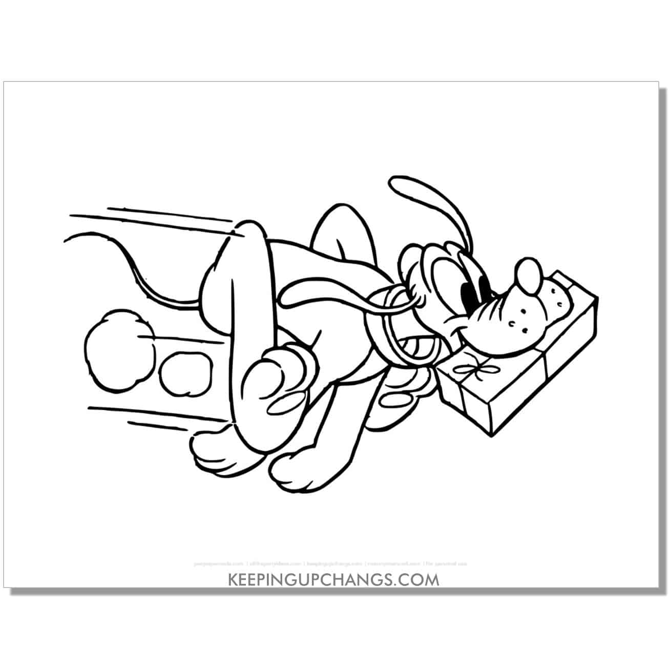 free pluto delivering christmas package coloring page, sheet.