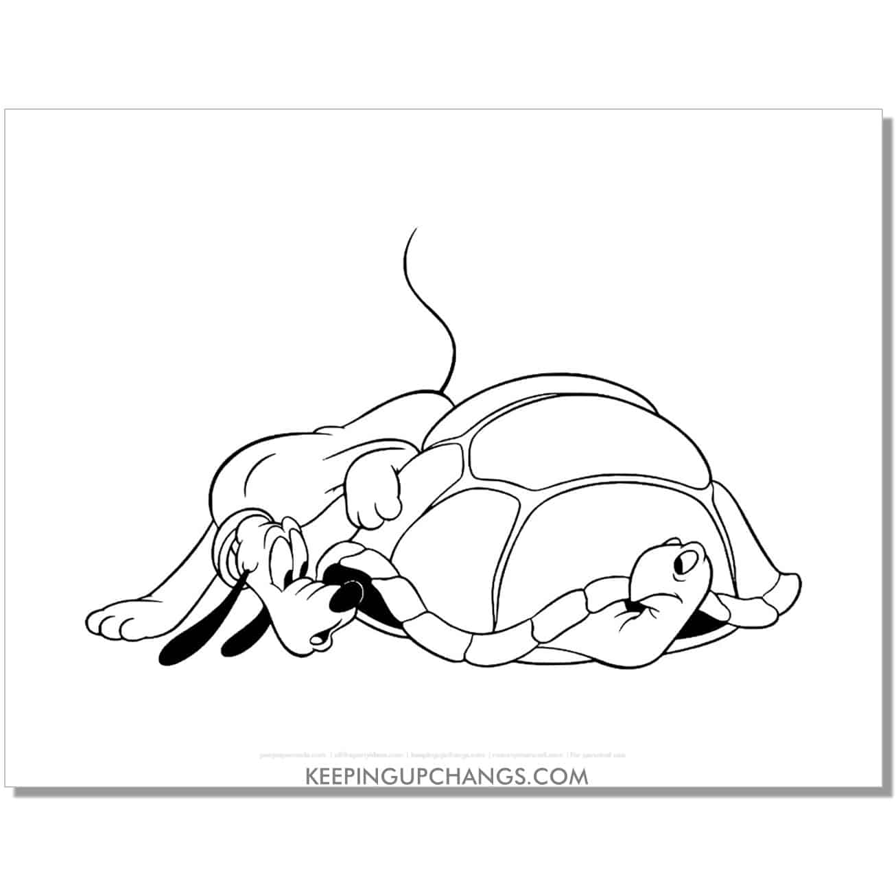 free pluto looking into turtle's shell coloring page, sheet.