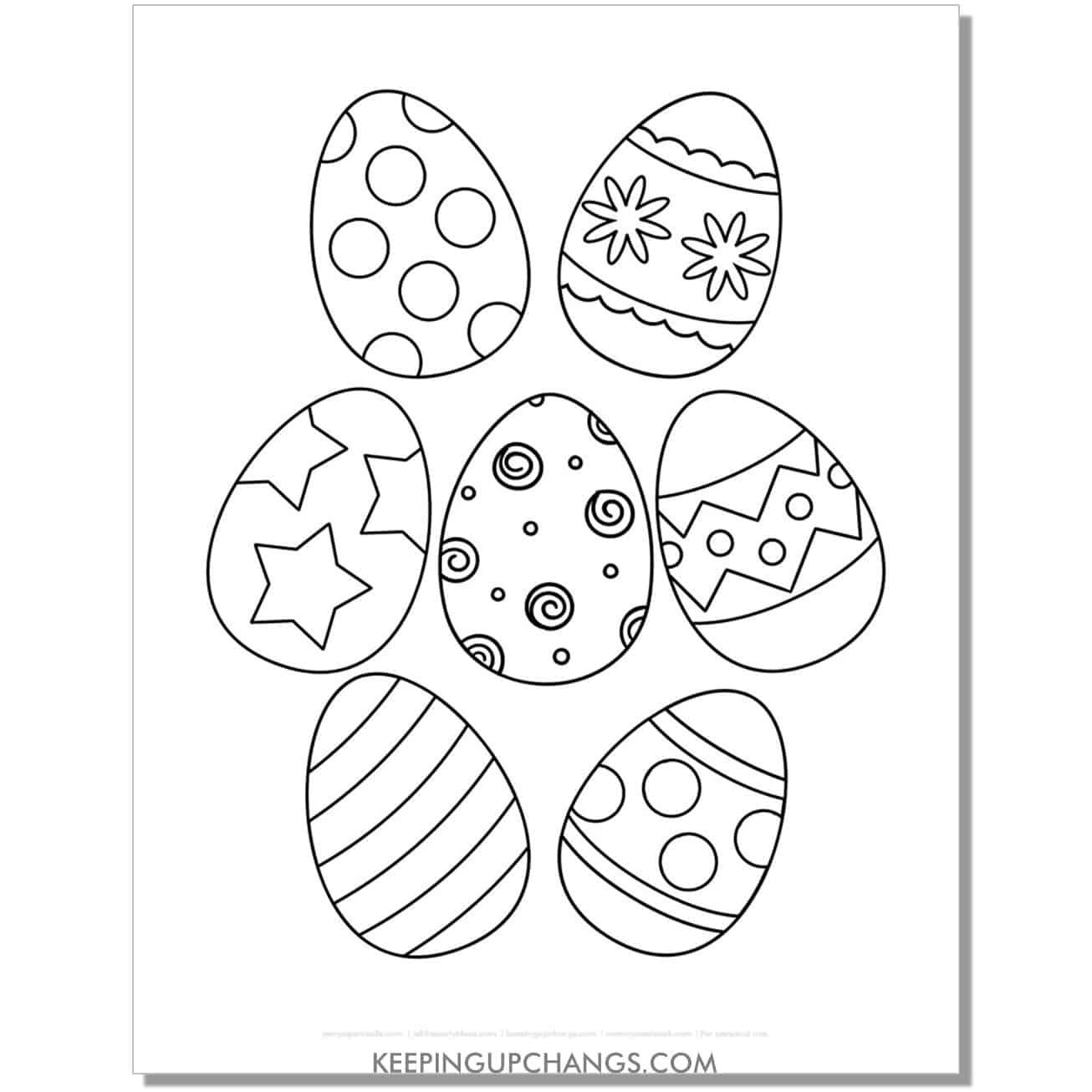free medium easter eggs for preschool, kindergarten coloring page, sheet.