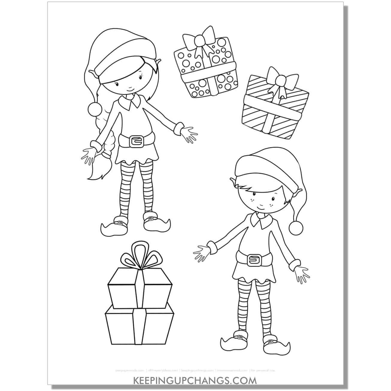 free cute boy and girl elf with presents coloring page.