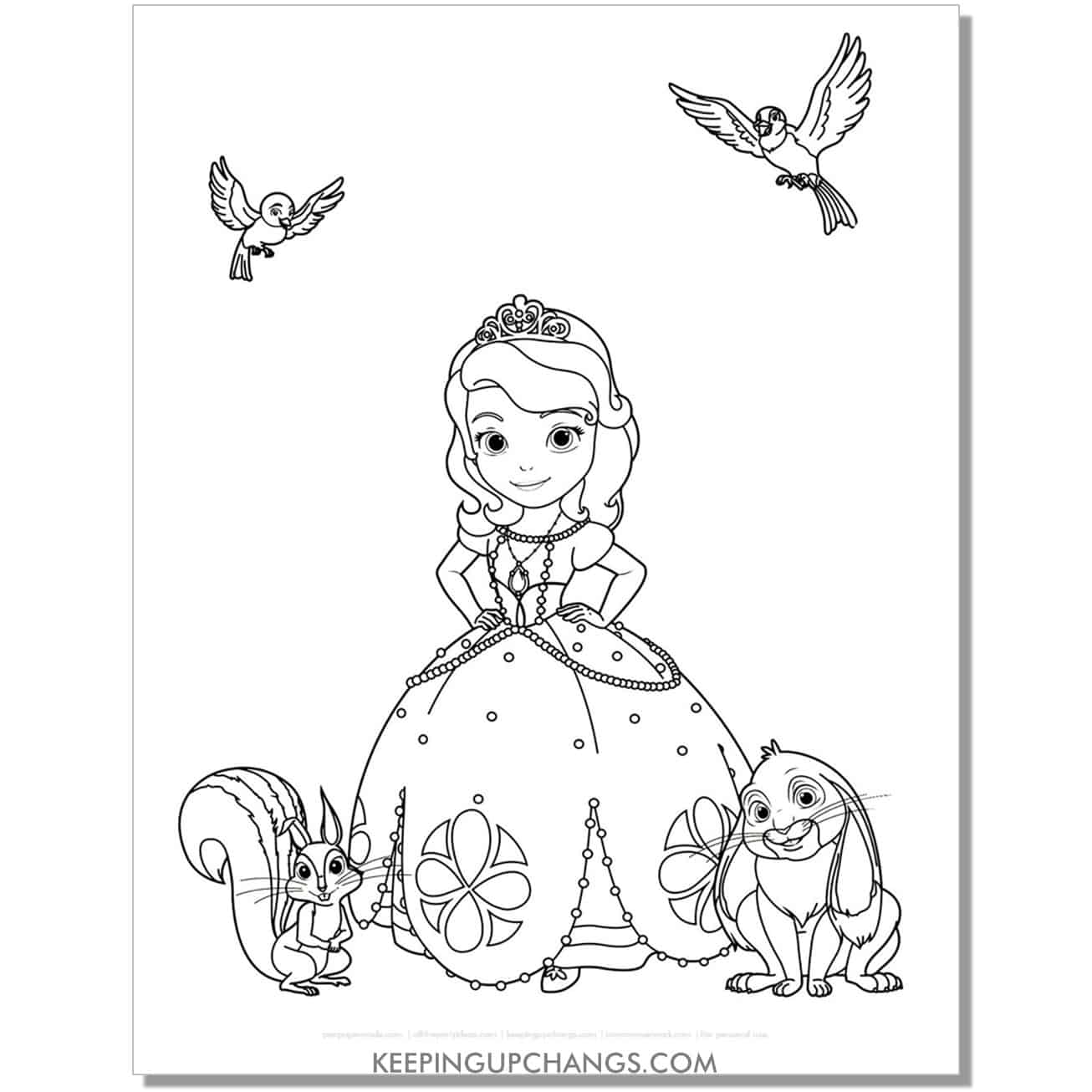 sofia the first with birds, squirrel, rabbit coloring page, sheet.