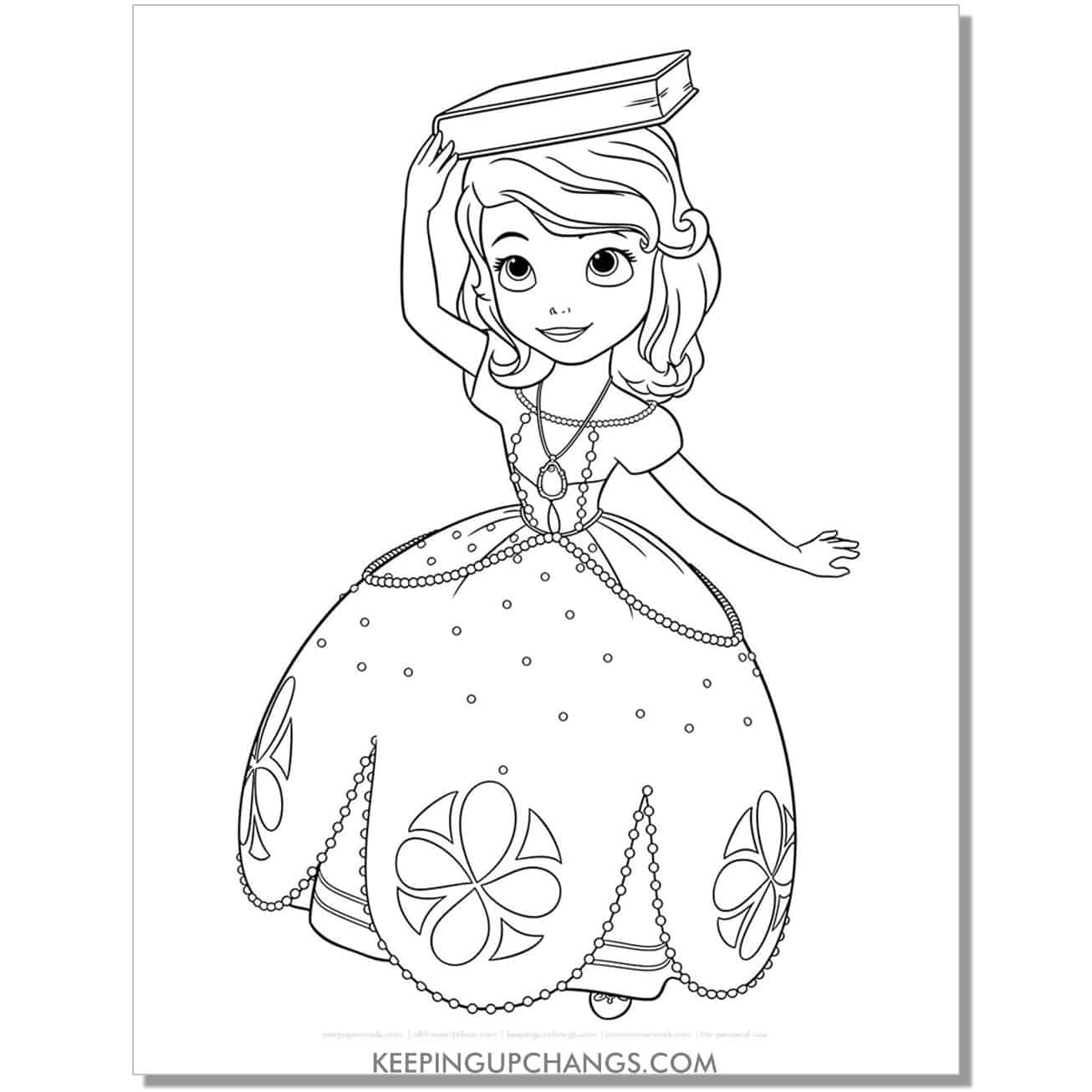 sofia the first balancing book on head coloring page, sheet.