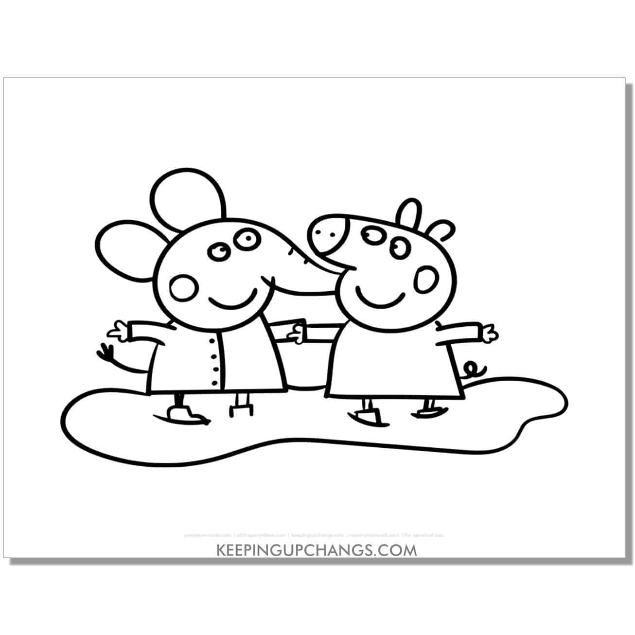 free emily elephant and peppa pig puddle coloring page, sheet.