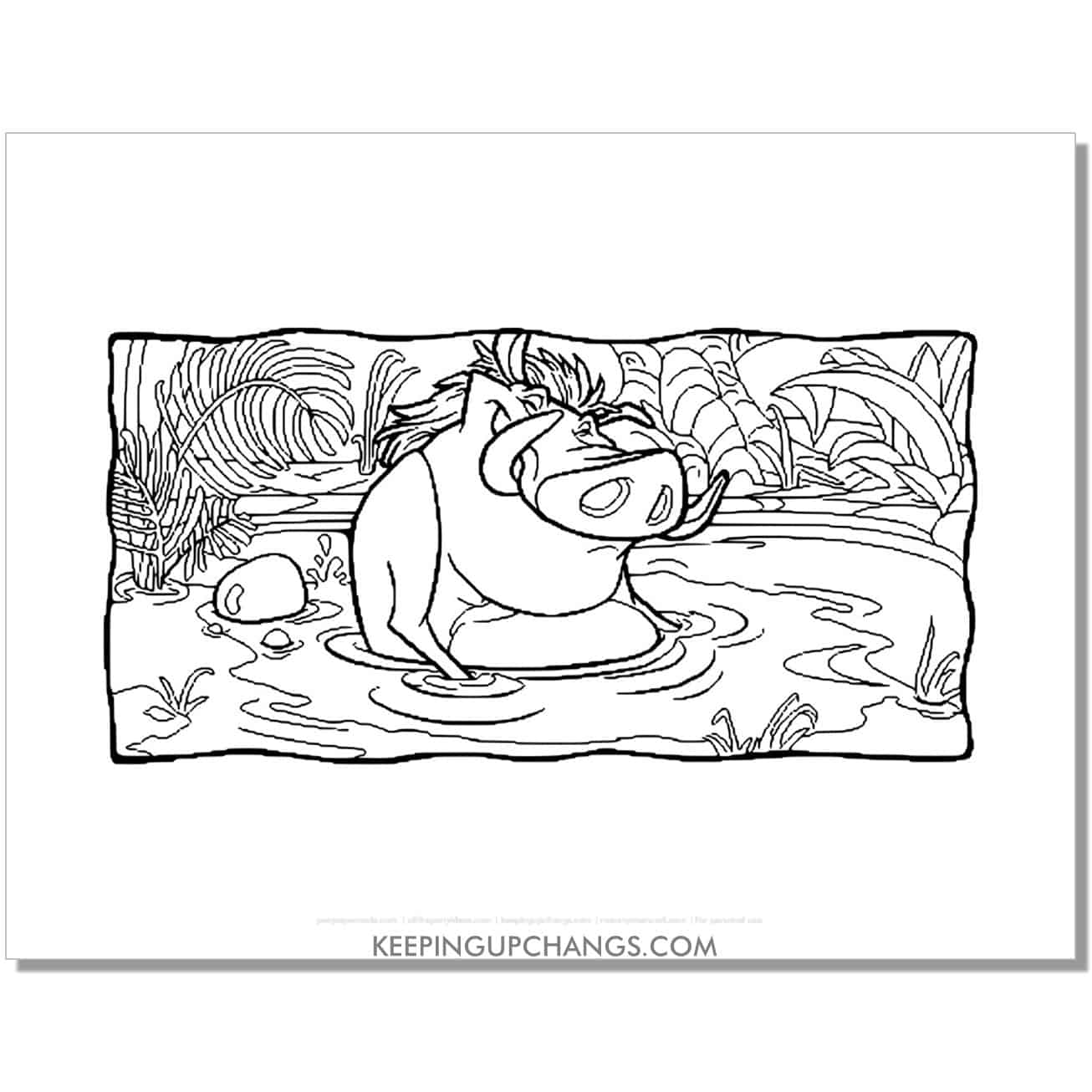 pumbaa takes mud bath lion king coloring page, sheet.