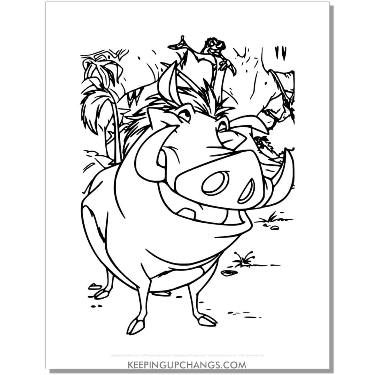 timon on pumbaa's head lion king coloring page, sheet.