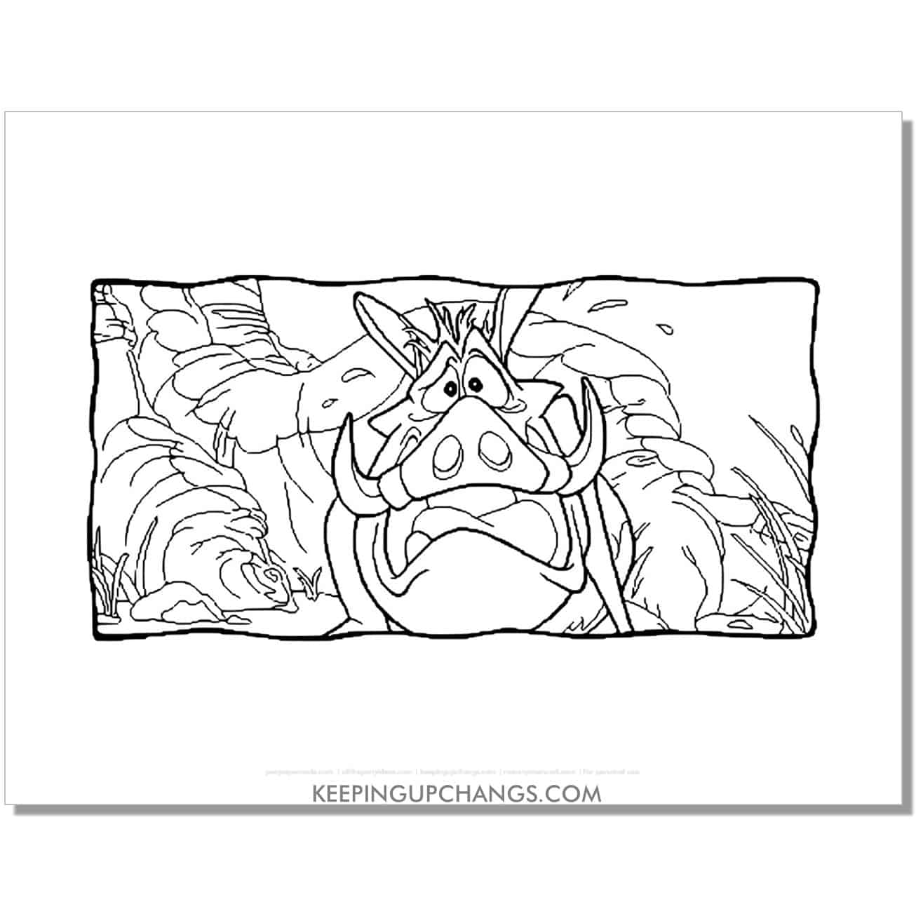 pumbaa squeezes through log lion king coloring page, sheet.