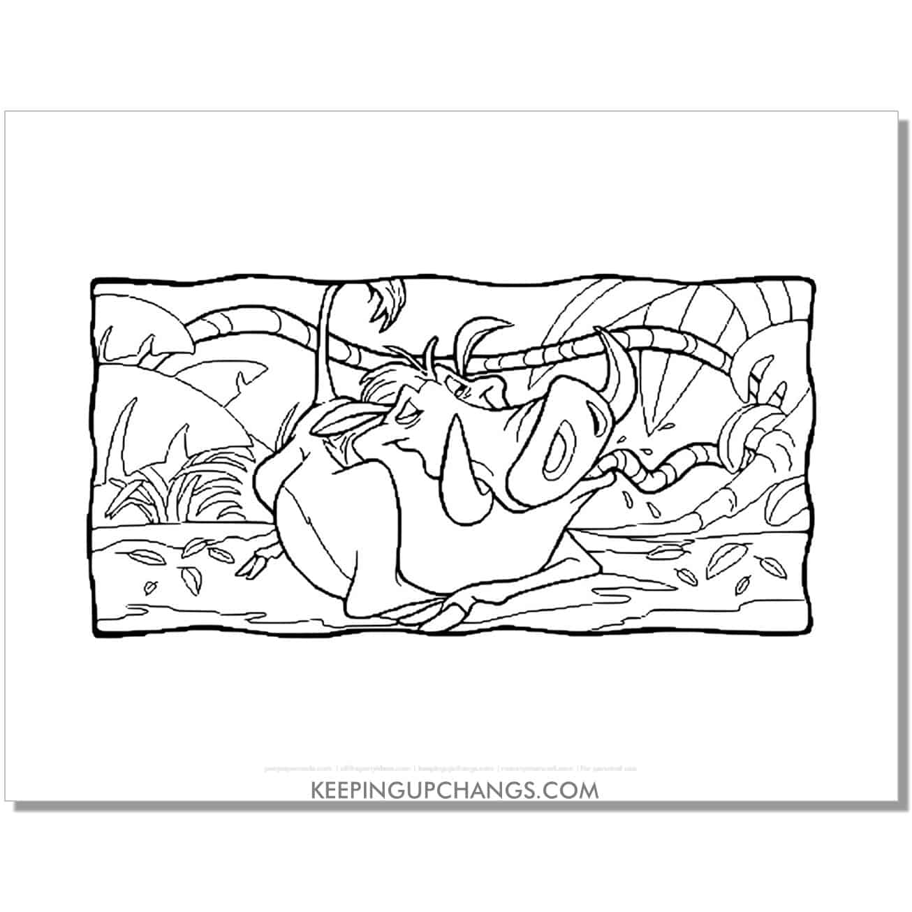 pumbaa slurps up worm lion king coloring page, sheet.