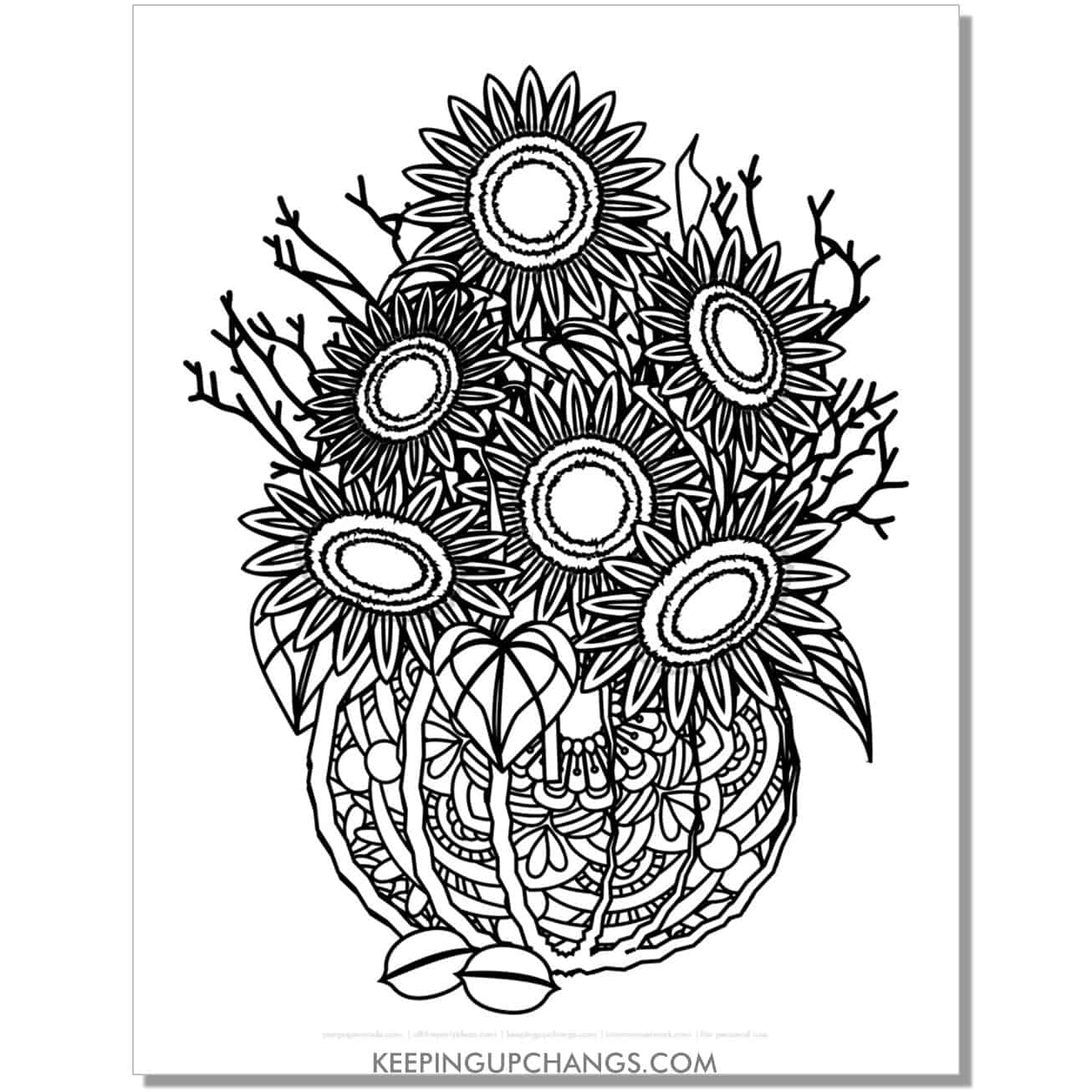 free zentangle fall, thanksgiving pumpkin coloring page for adults with sunflowers.