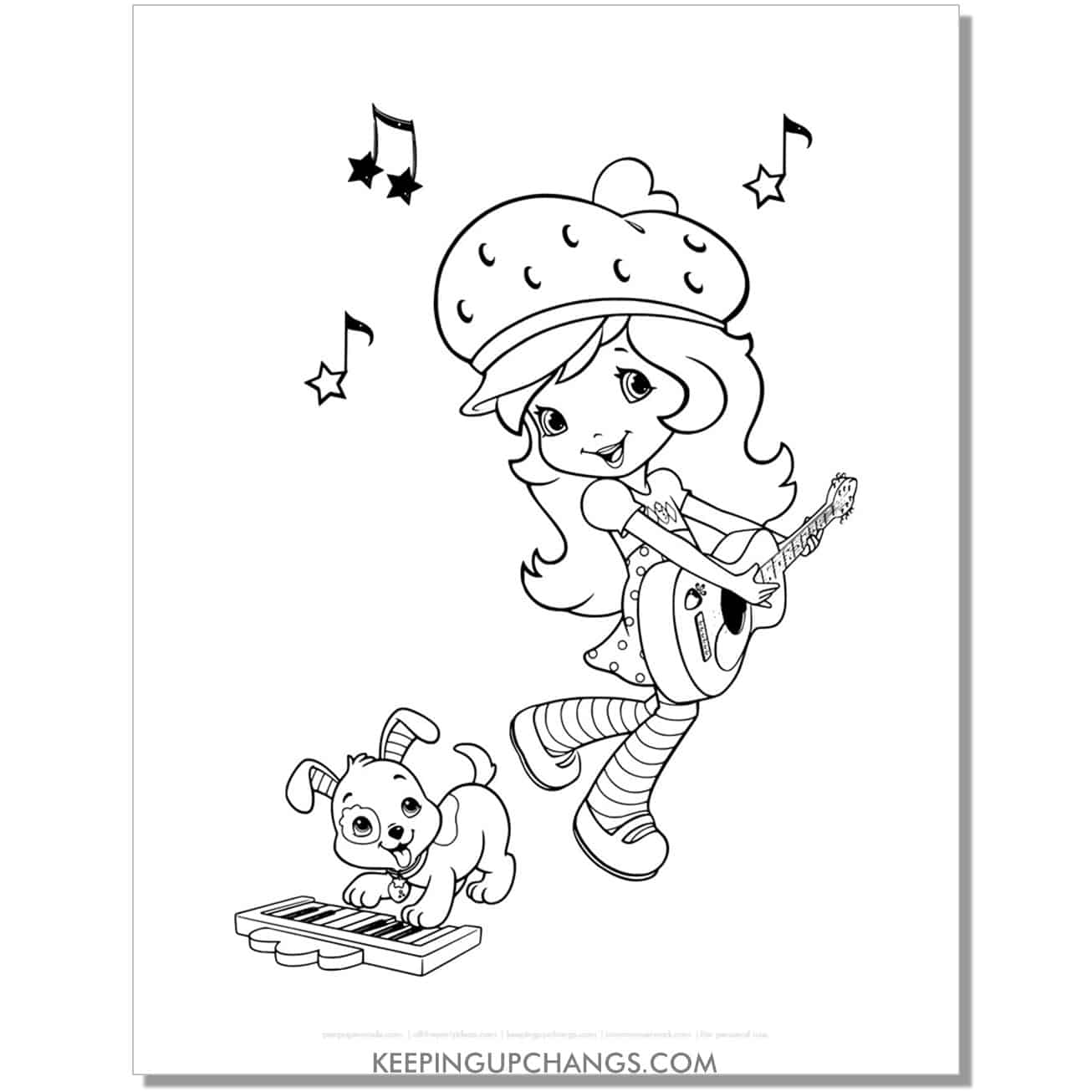 free pupcakes on piano and strawberry shortcake on guitar coloring page, sheet.