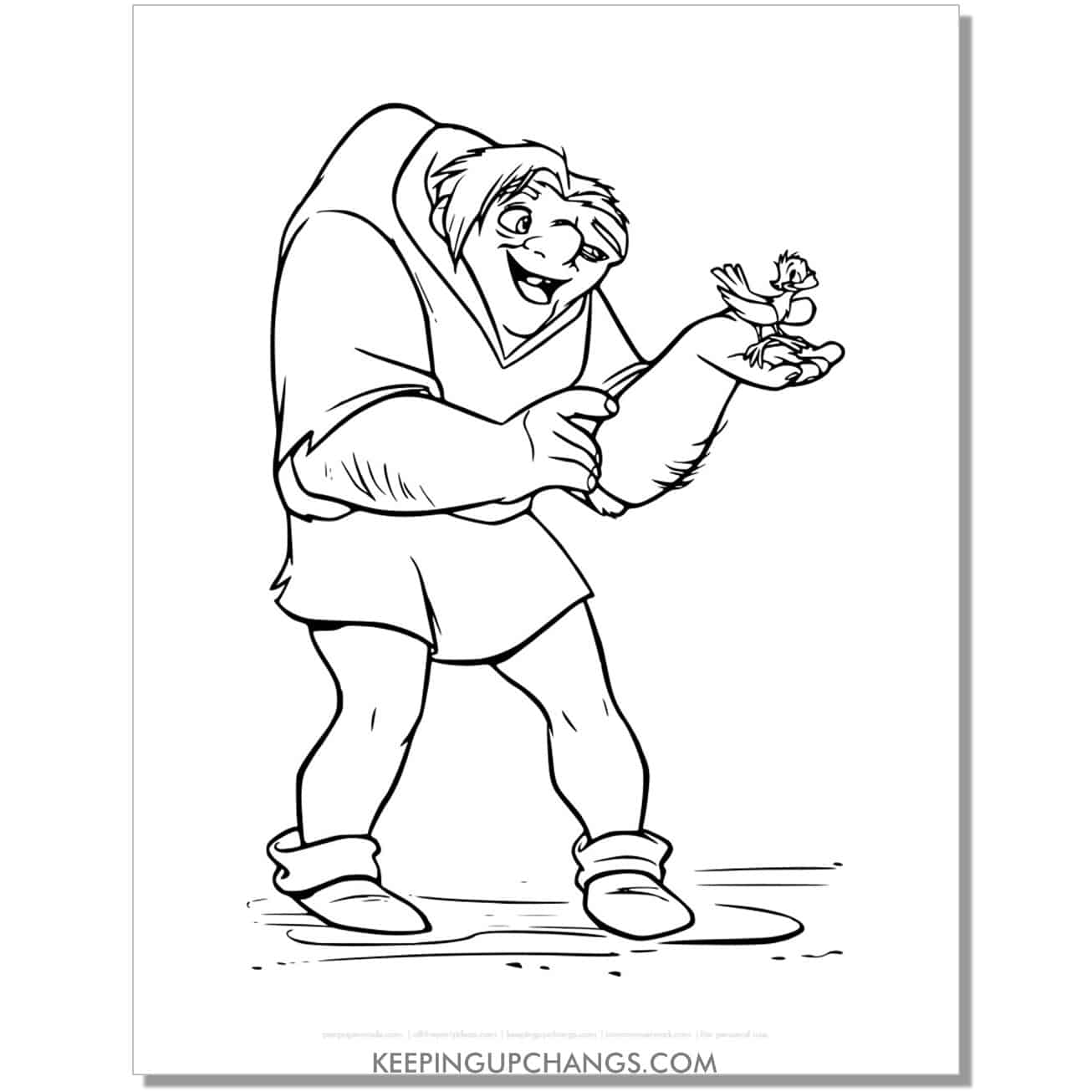free quasimodo with bird hunchback notre dame coloring page, sheet.