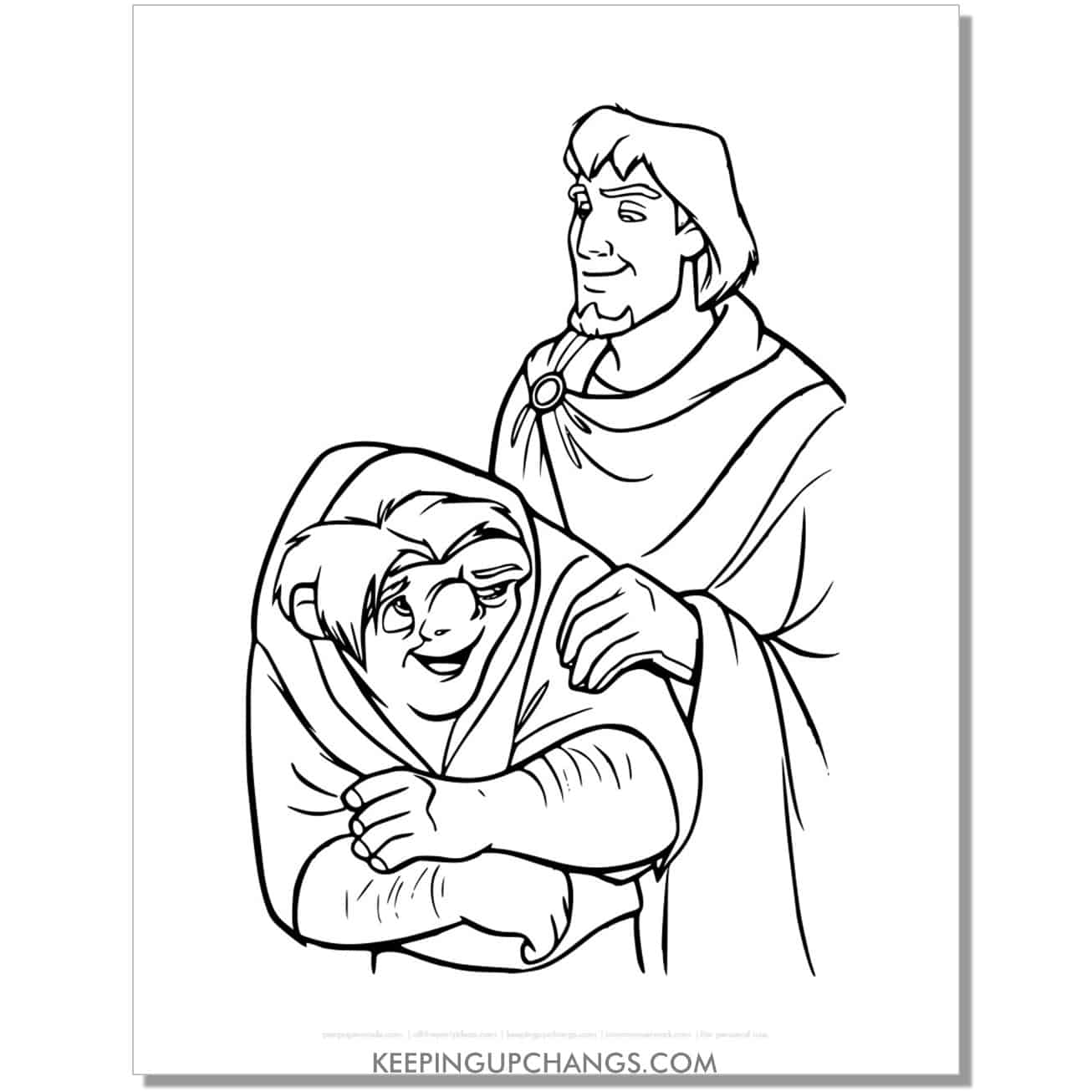 free captain phoebus and quasimodo hunchback notre dame coloring page, sheet.