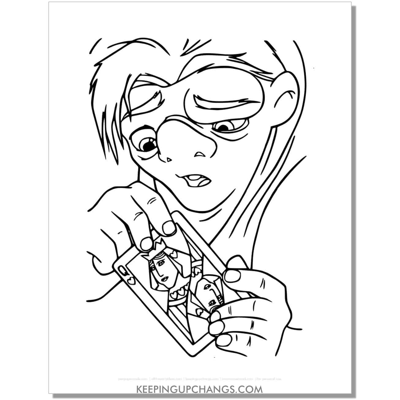 free quasimodo queen of hearts hunchback notre dame coloring page, sheet.