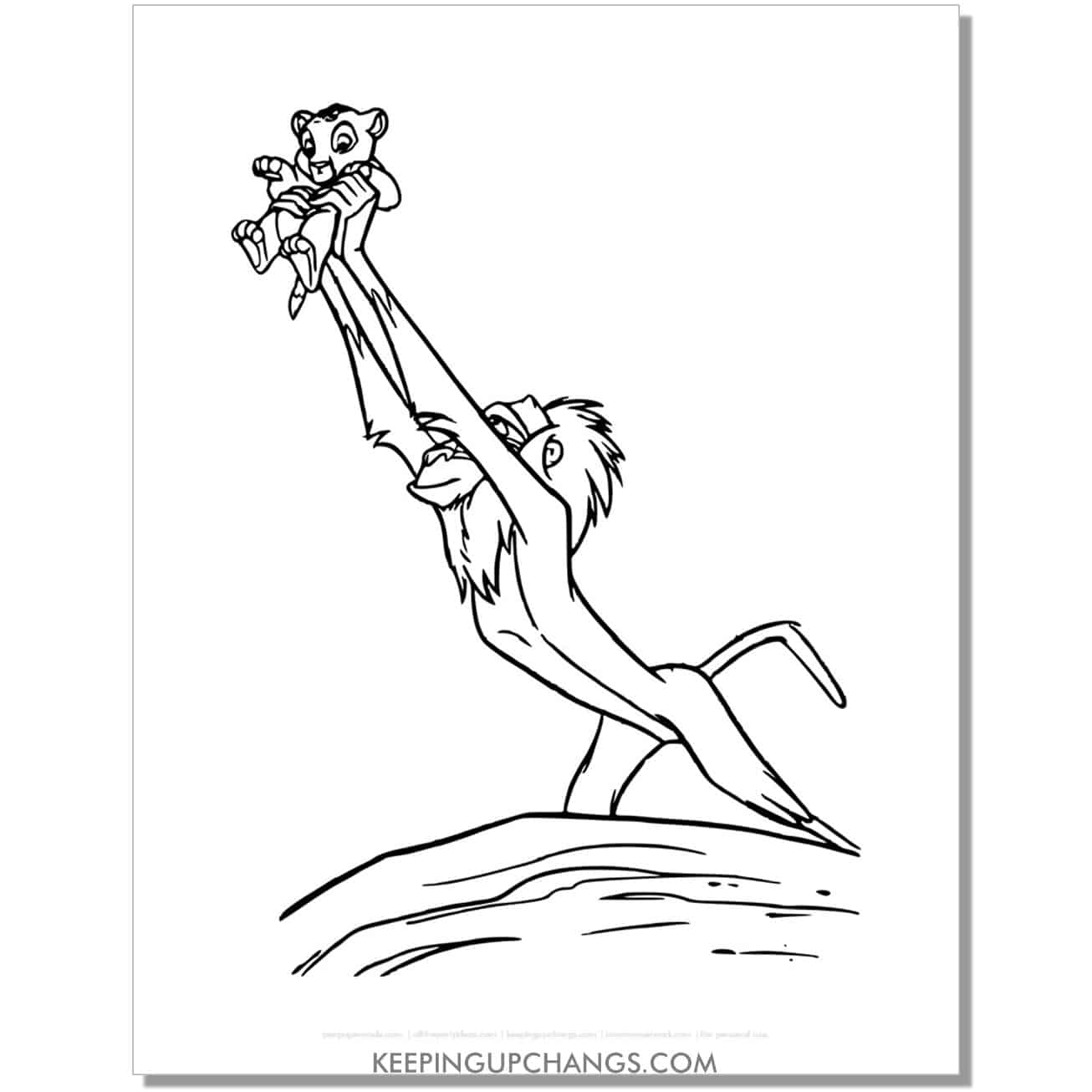 rafiki holds simba up for kingdom to see lion king coloring page, sheet.