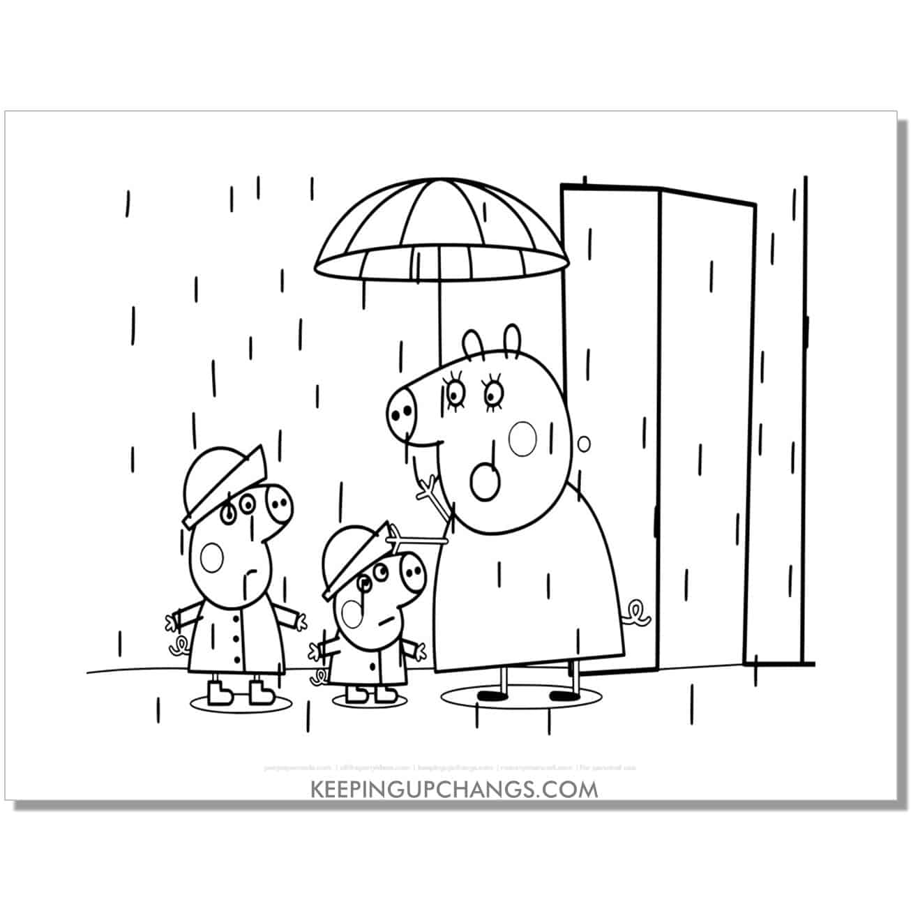 free mummy, george, and peppa pig in the rain coloring page, sheet.