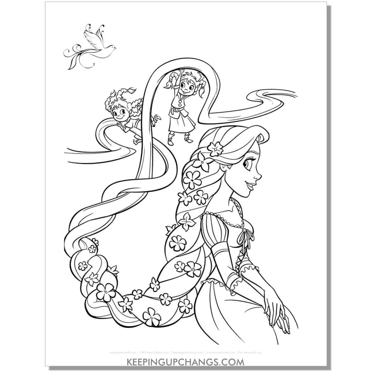free rapunzel with flowers in long hair tangled coloring page.