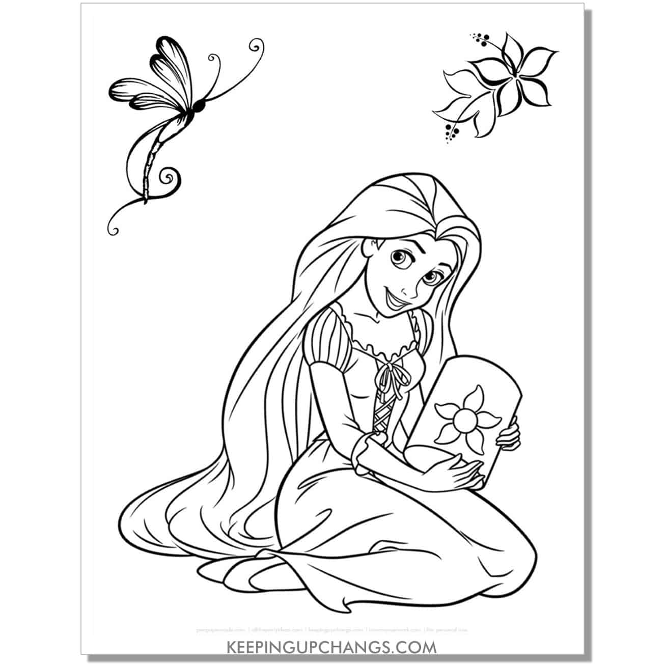 free rapunzel sitting with lantern, sun, flower, butterfly tangled coloring page.