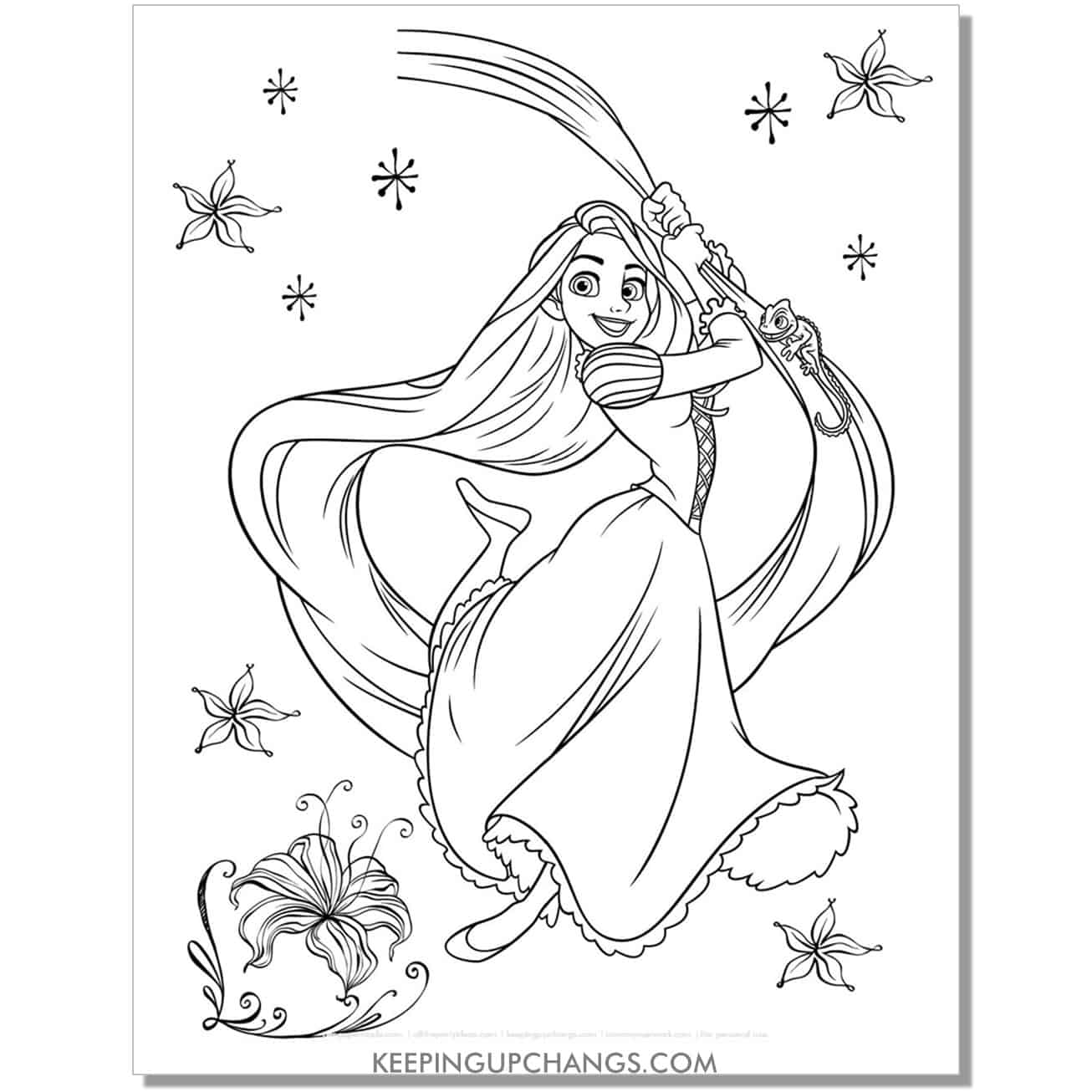 free rapunzel swinging from curtain with pascal tangled coloring page.
