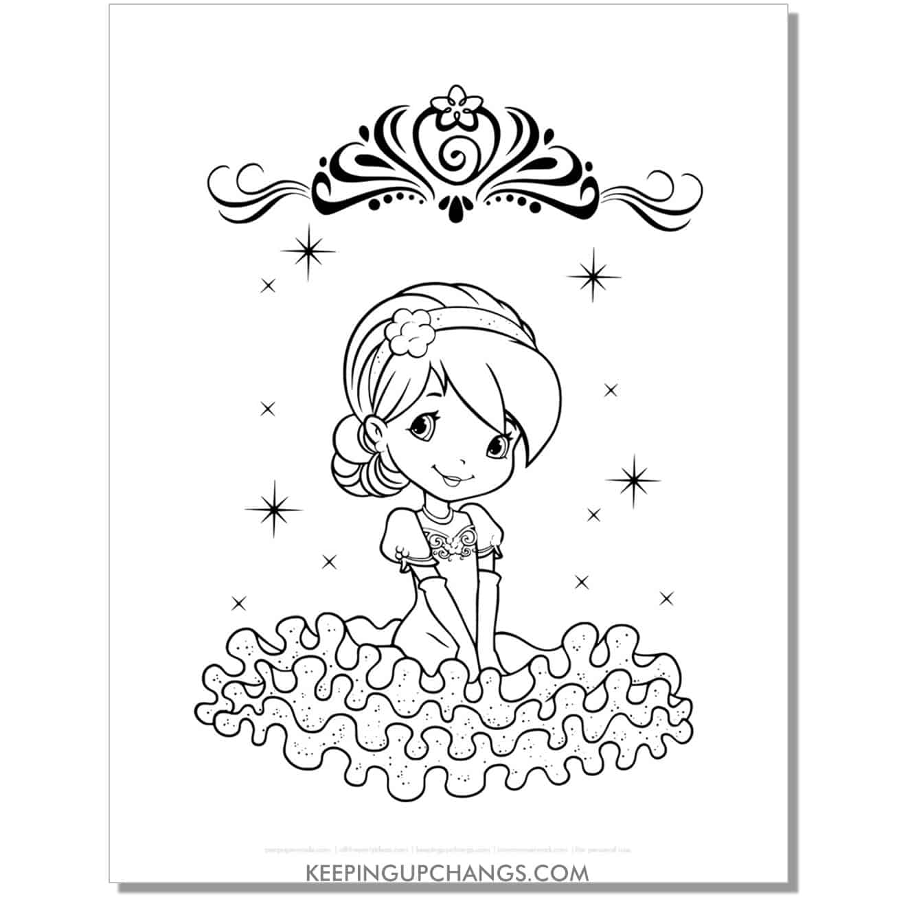 free strawberry shortcake with glittery stars coloring page, sheet.