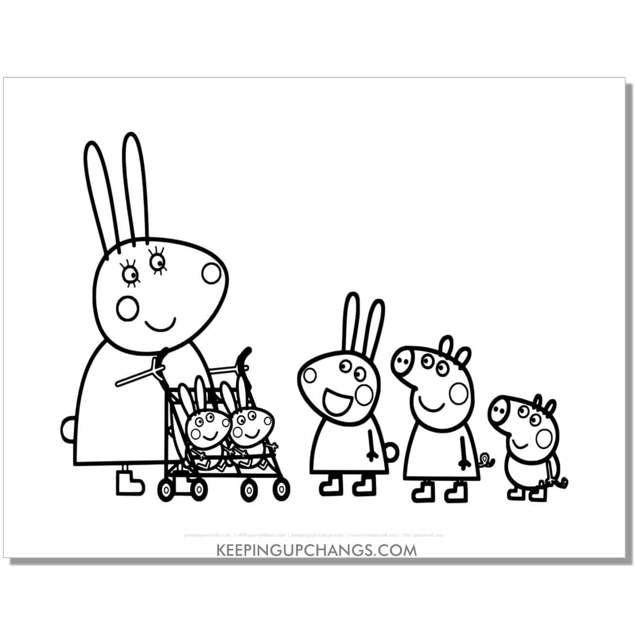 free rebecca rabbit and family with george and peppa pig coloring page, sheet.