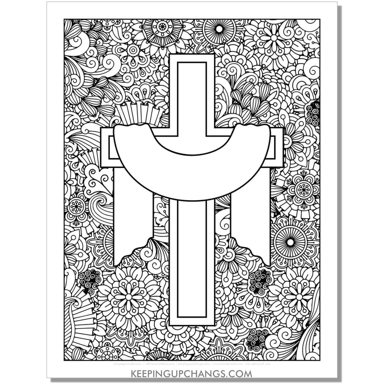 jesus christ resurrection cross on floral mandala background religious easter coloring page, sheet