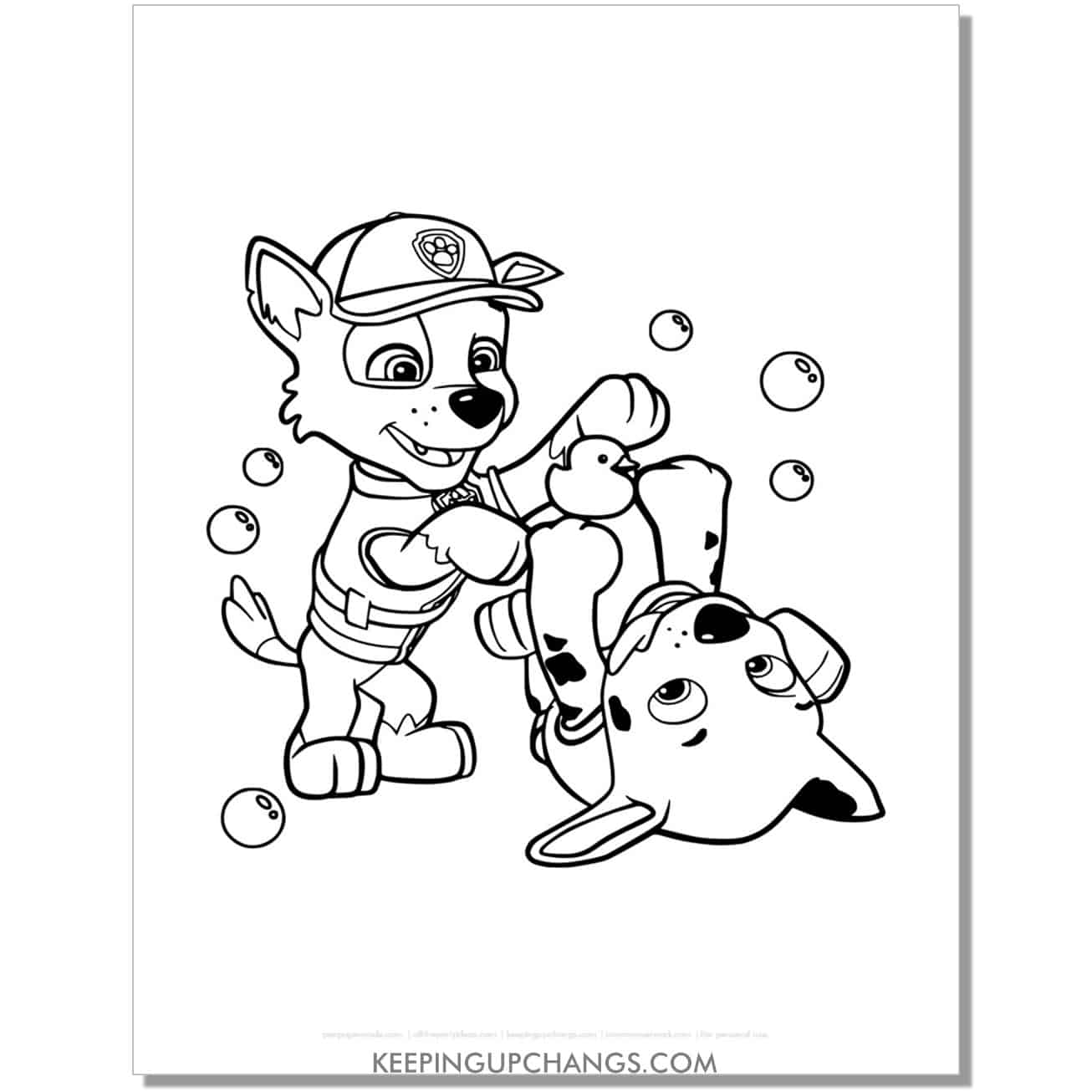 free rocky and marshall playing paw patrol coloring page, sheet.