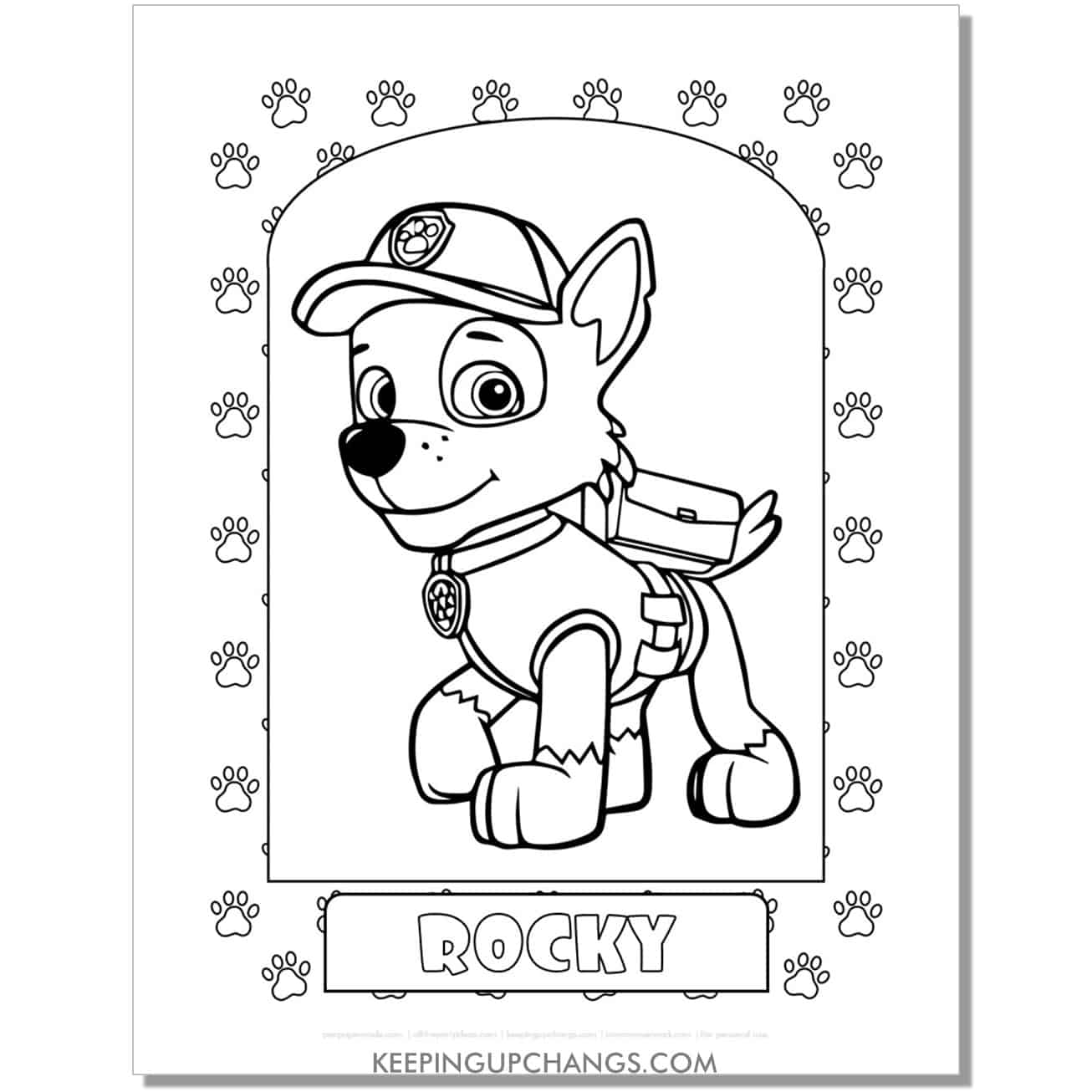 free rocky dog print paw patrol coloring page, sheet.