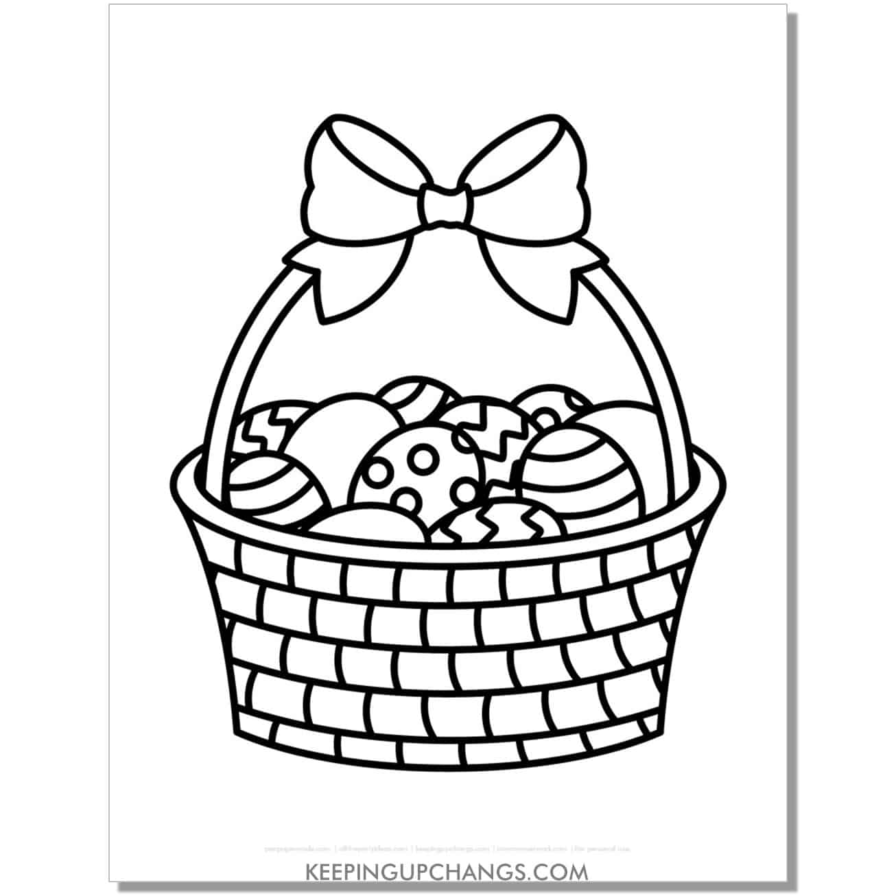 Easter basket with detailed weave and lots of eggs coloring page, sheet.