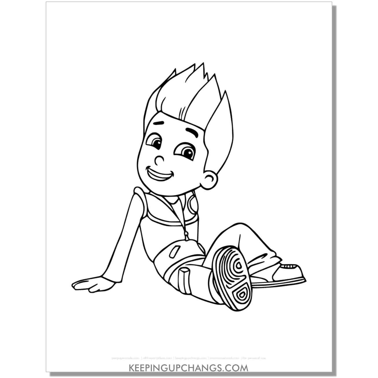 free ryder sitting with one leg bent, one straight out paw patrol coloring page, sheet.