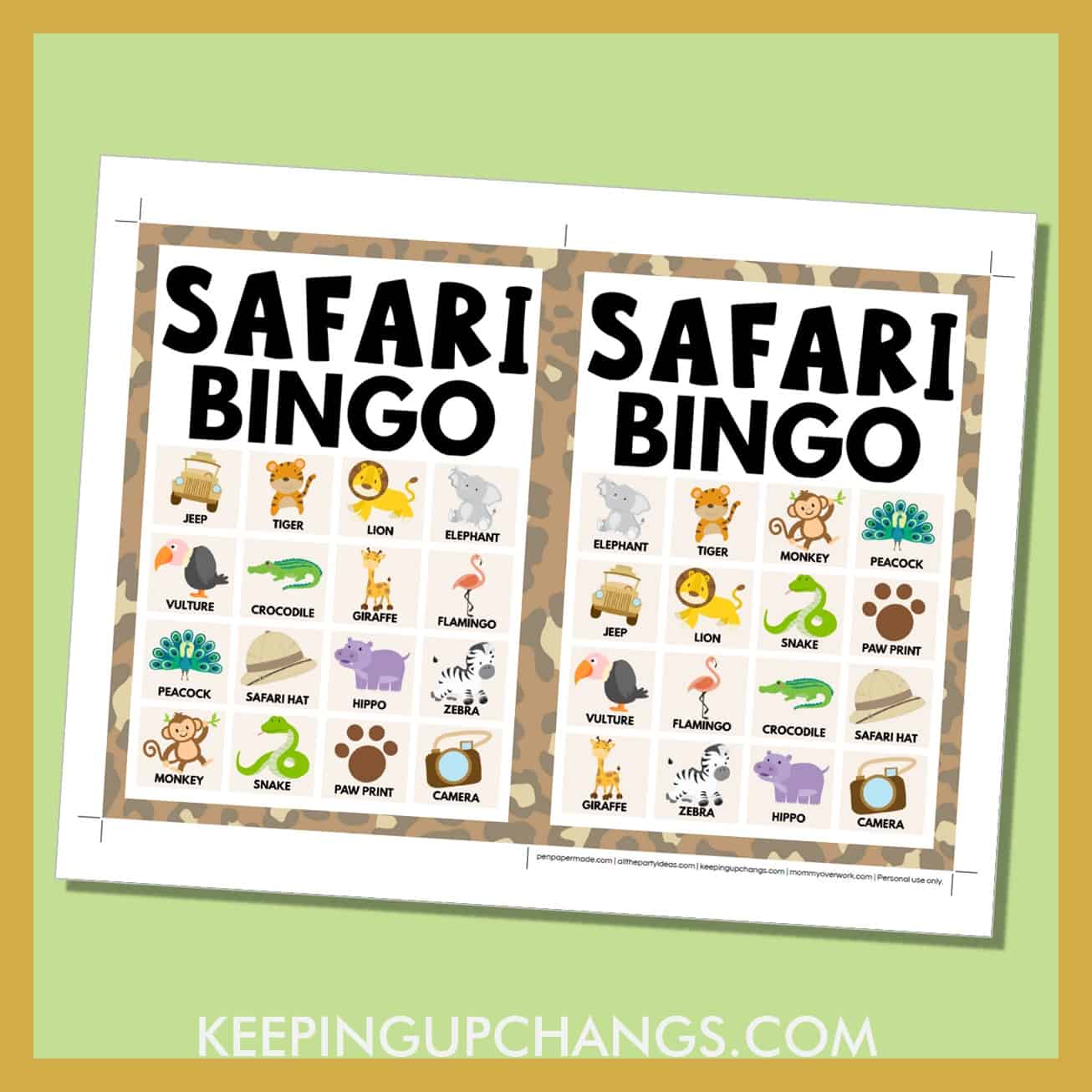 free safari bingo card 4x4 5x7 game boards with images and text words.