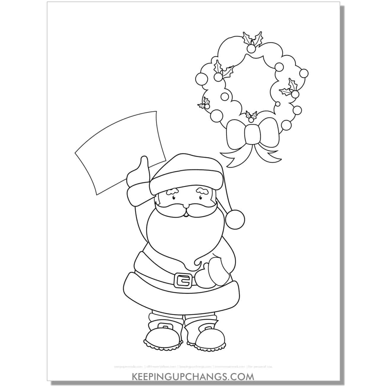free adorable santa with blank nice list and wreath coloring page.