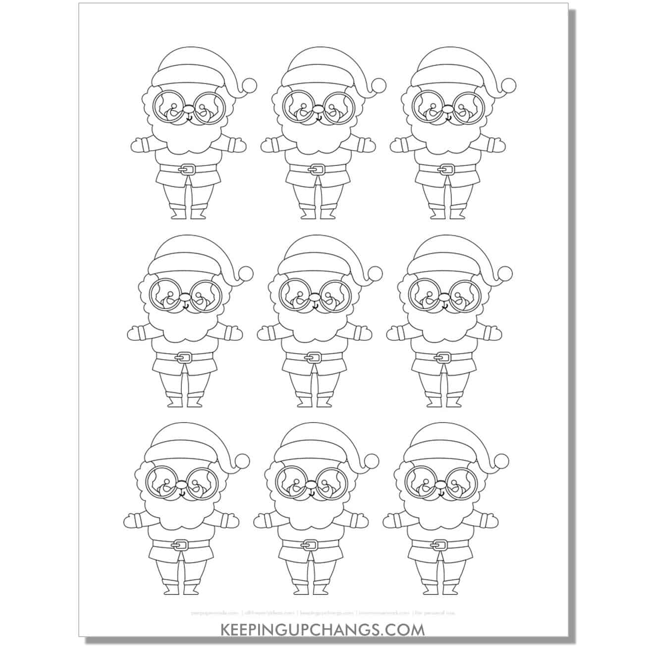 free mini, small glasses santa outline, cut out template in black and white.