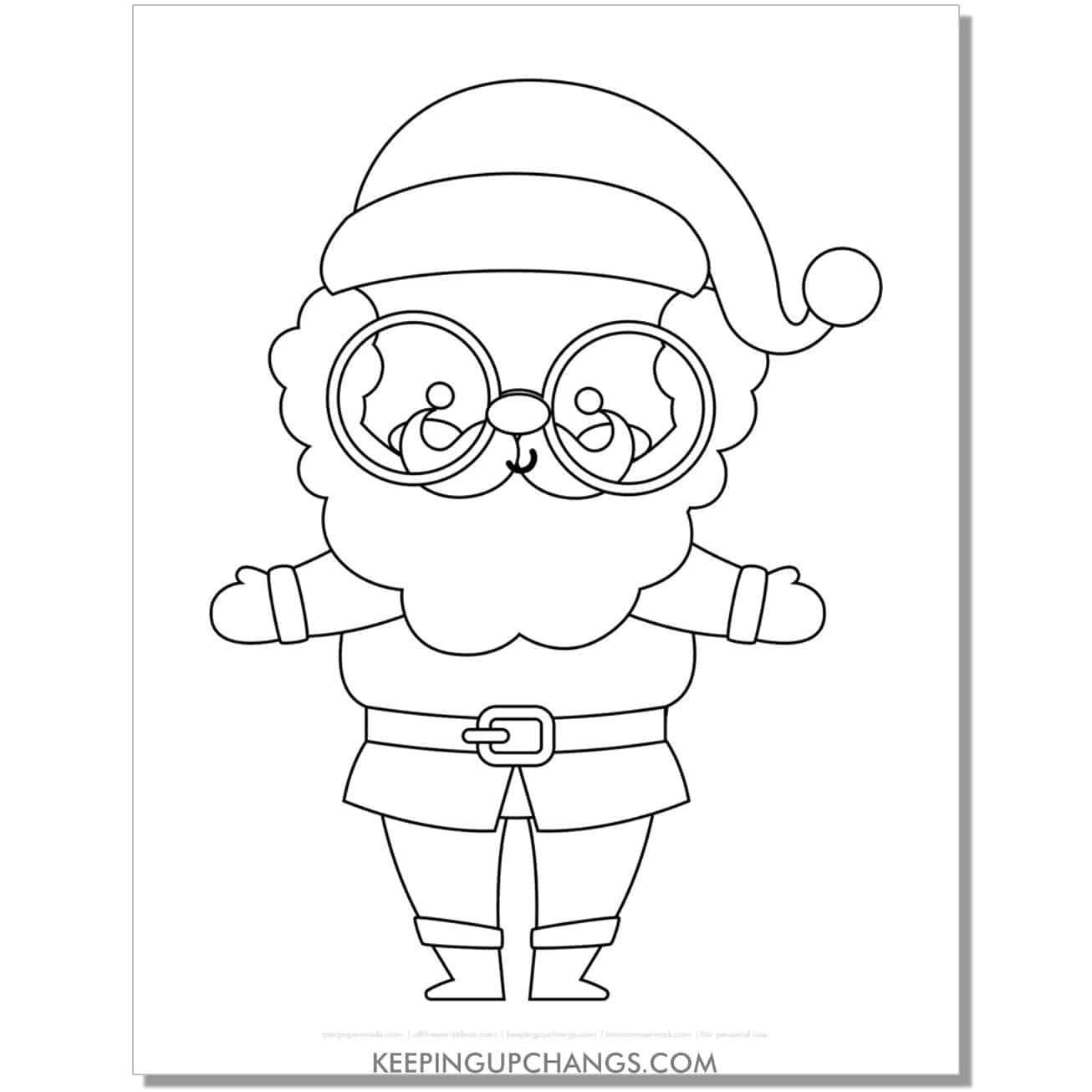 free big. large cute santa with glasses outline, cut out template in black and white.
