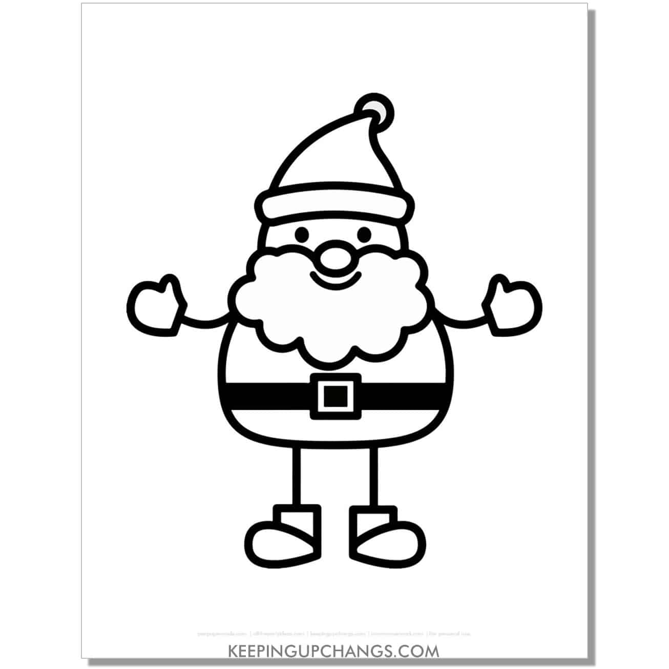 free easy, simple line art santa outline, black and white cut out template.