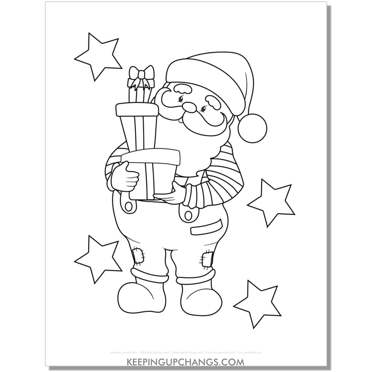 free adorable santa in overalls with stack of presents coloring page.