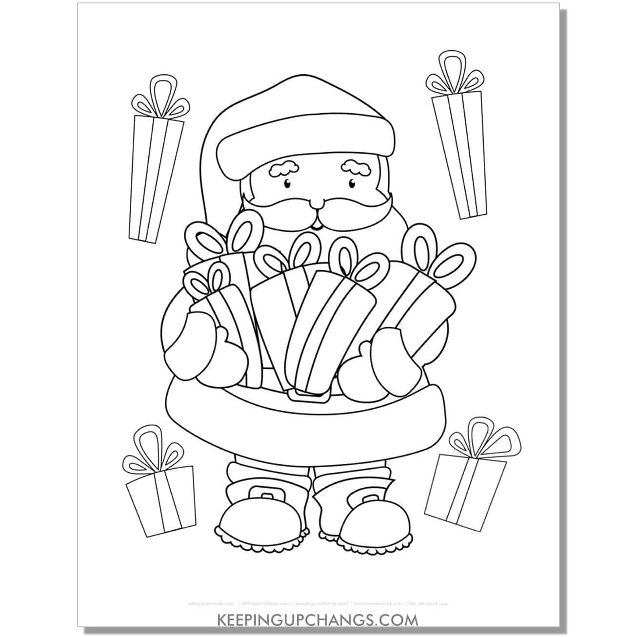 free adorable santa holding gifts, presents coloring page.
