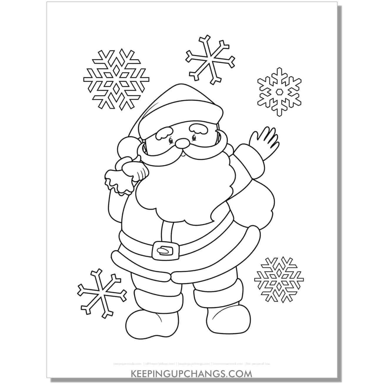 free adorable waving santa with snowflakes coloring page.