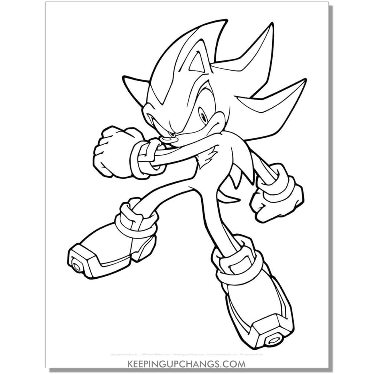shadow sonic facing forward with arms twisted to side coloring page.