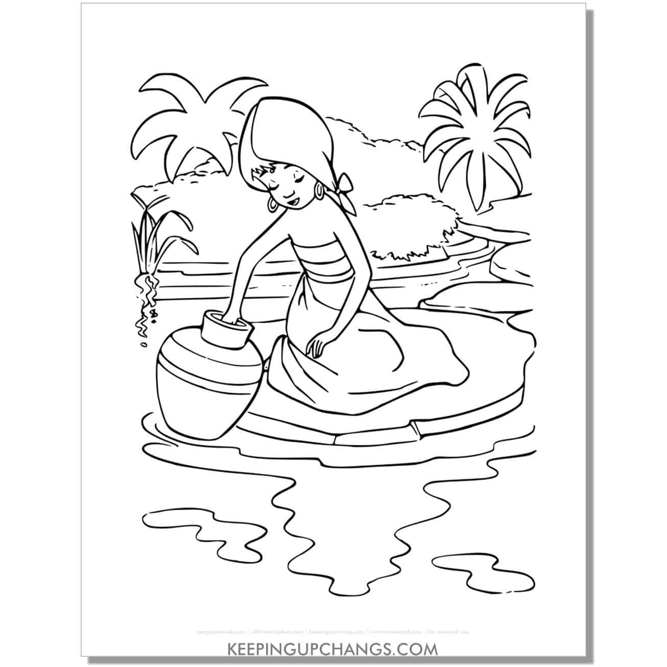 shanti getting water from river jungle book coloring page, sheet.
