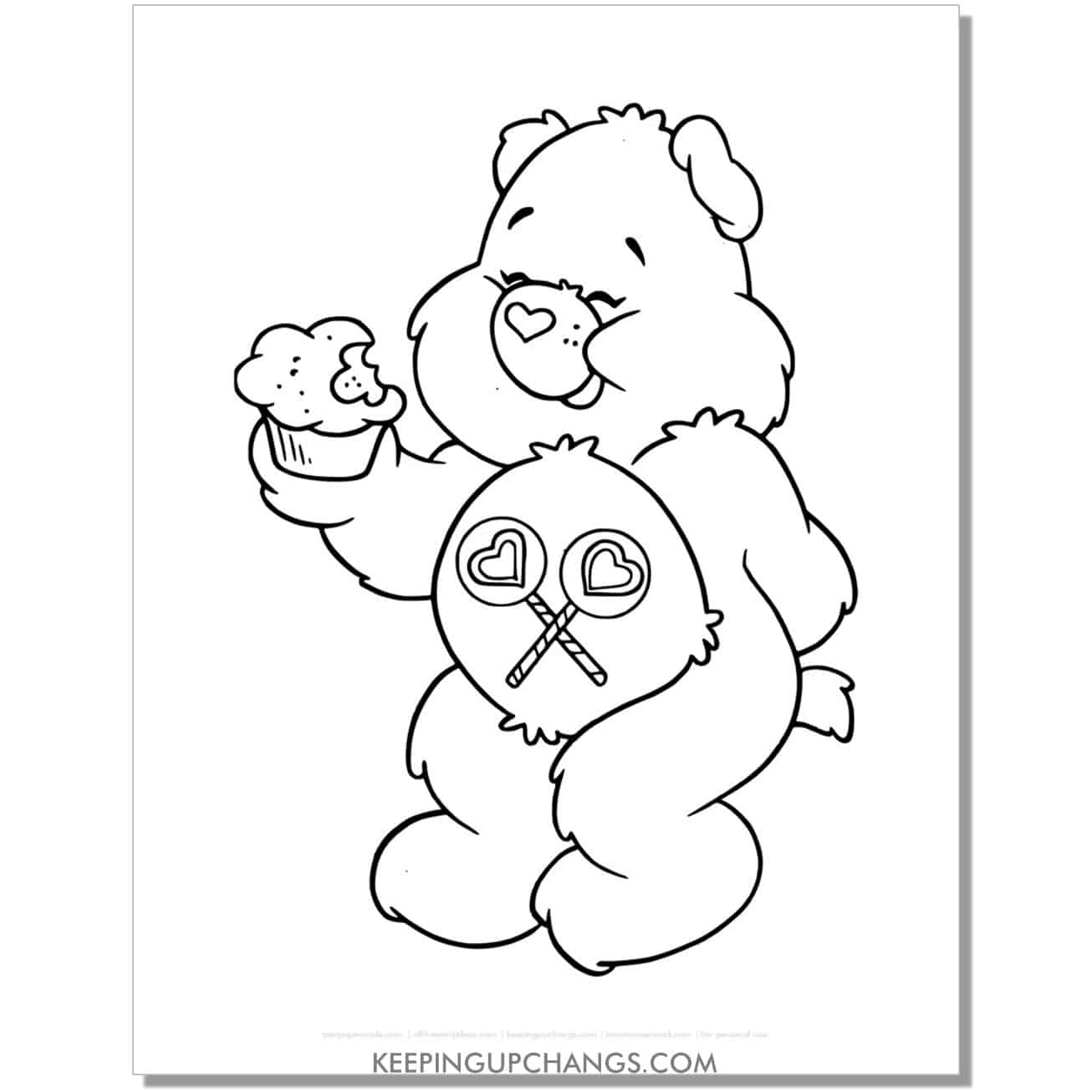 share bear eating birthday cupcake care bear coloring page, sheet.